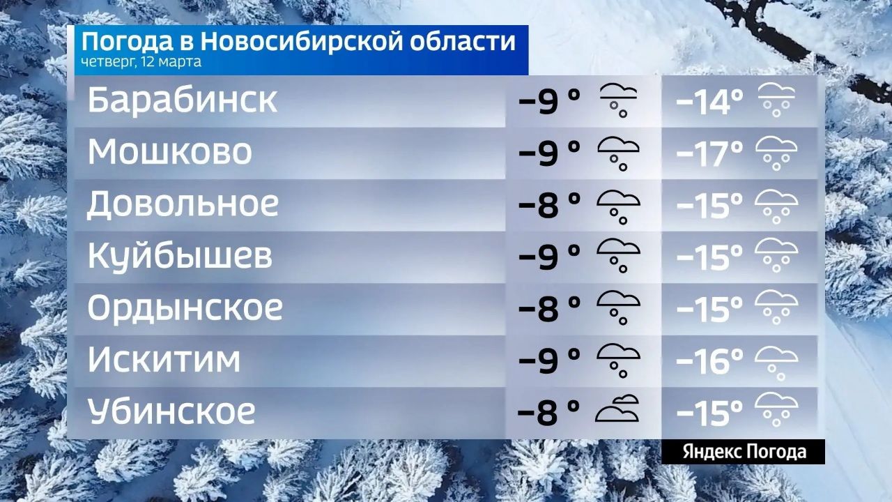 Прогноз погоды на 12 марта 2026 года в Новосибирской области Прогноз погоды на 12 марта 2026 года в Новосибирской области