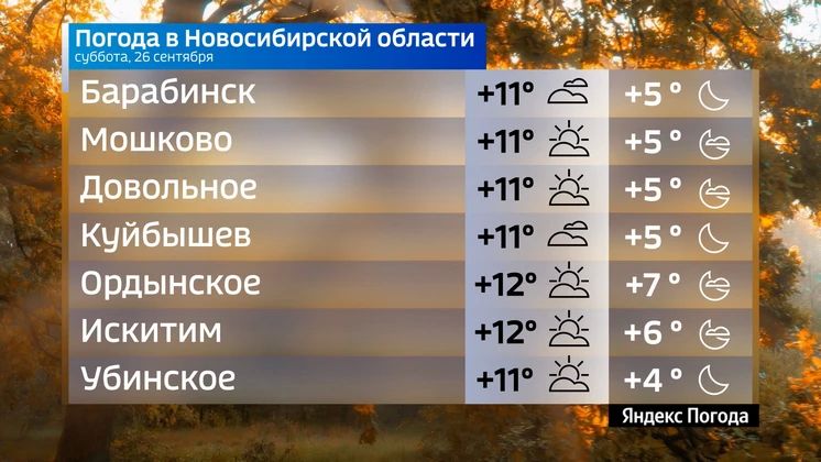 Прогноз погоды на 26 сентября 2026 года в Новосибирской области Прогноз погоды на 26 сентября 2026 года в Новосибирской области