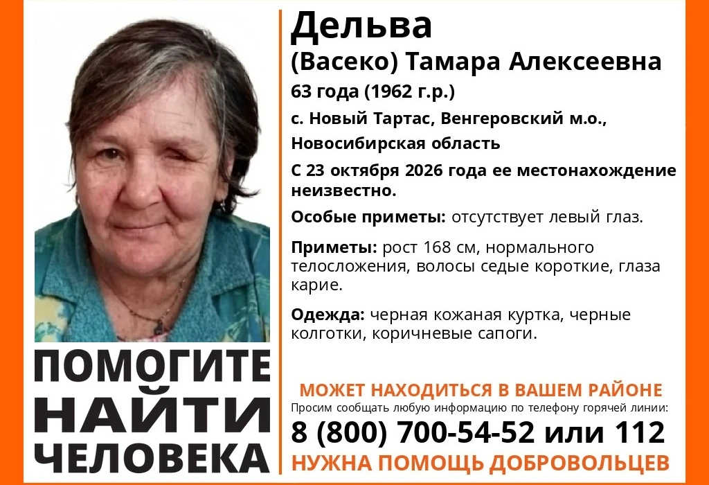 Пропал человек. В селе Новый Тартас Новосибирской области 23 октября 2026 года без вести пропала 63-летняя Тамара Дельва (Васеко)