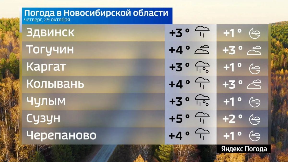 Прогноз погоды на 29 октября 2026 года в Новосибирской области Прогноз погоды на 29 октября 2026 года в Новосибирской области