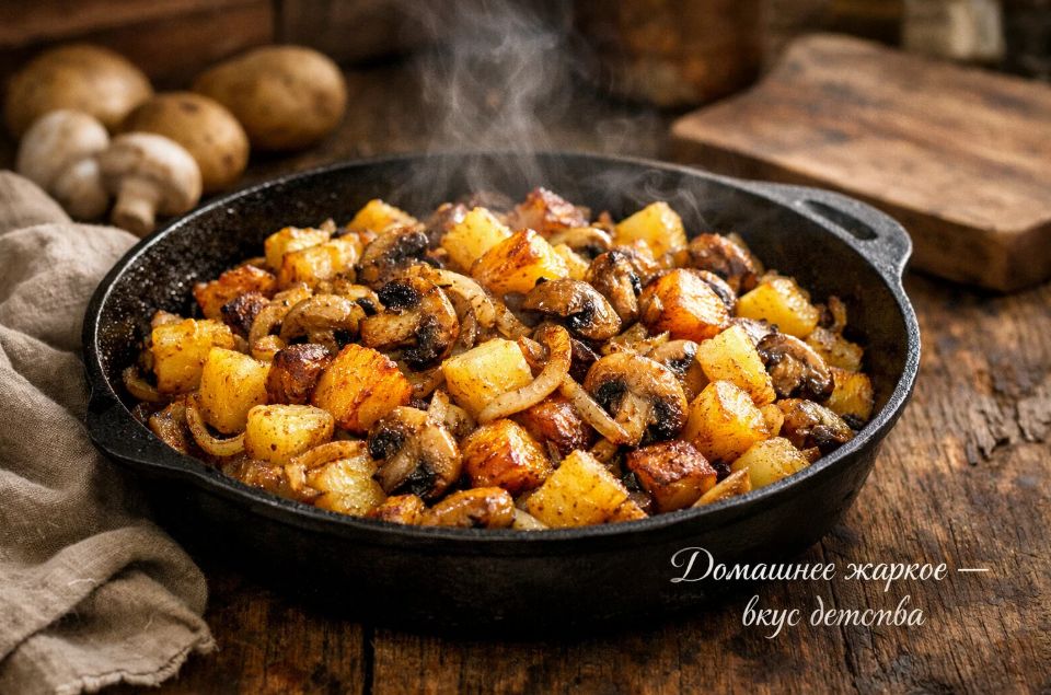 Простое и уютное жаркое из картошки с грибами и луком
